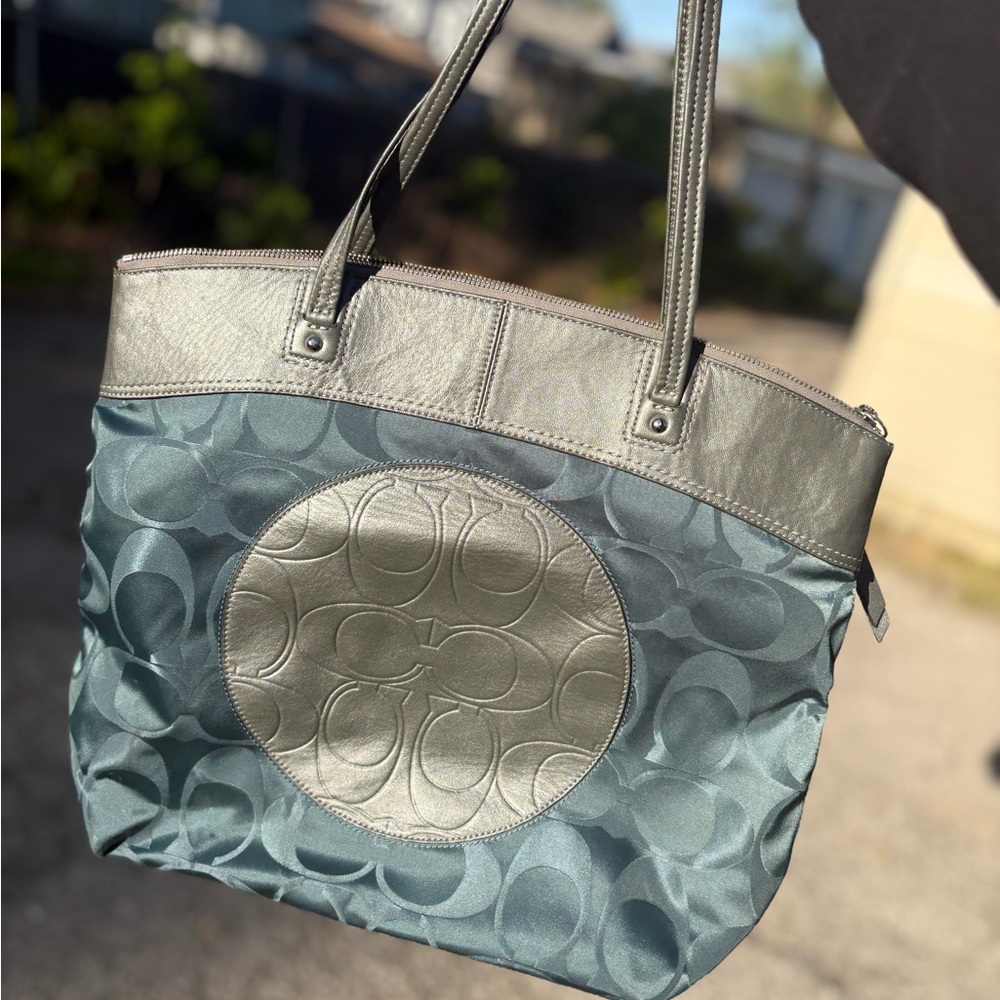 Coach Gray and Silver Signature Tote Bag